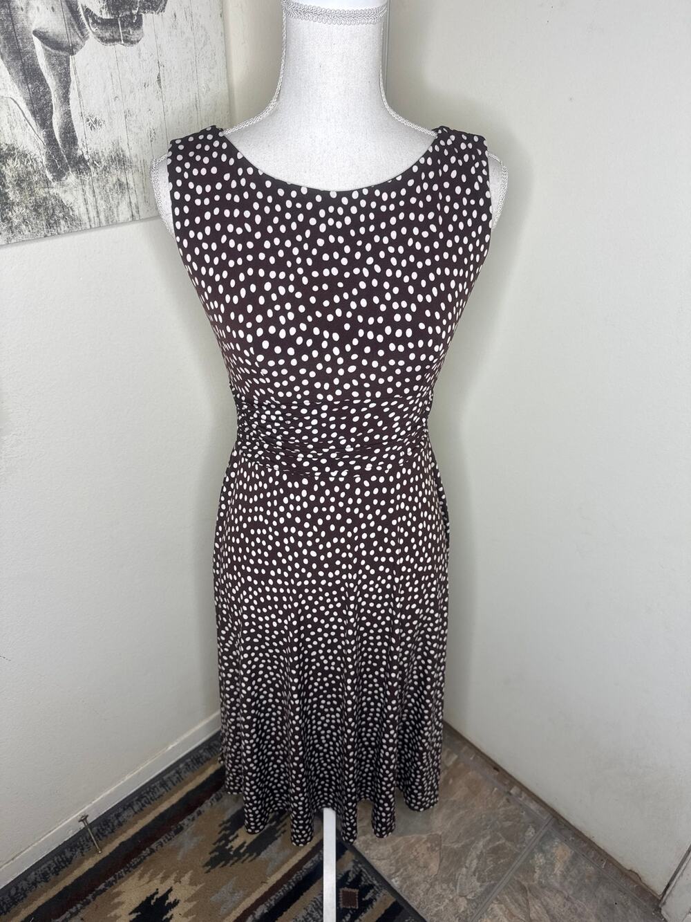 Perceptions Petite Brown & White Polka Dot Sleeveless Midi Dress - Size 4P